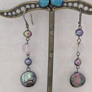 925 Sterling Silver Natural Rainbow Coin Pearl Beaded Dangle Drop Earrings